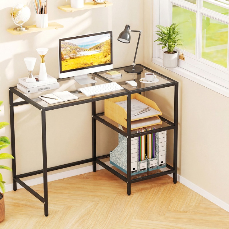 Modern Console Table With 2 Open Shelves And Metal Frame-Black