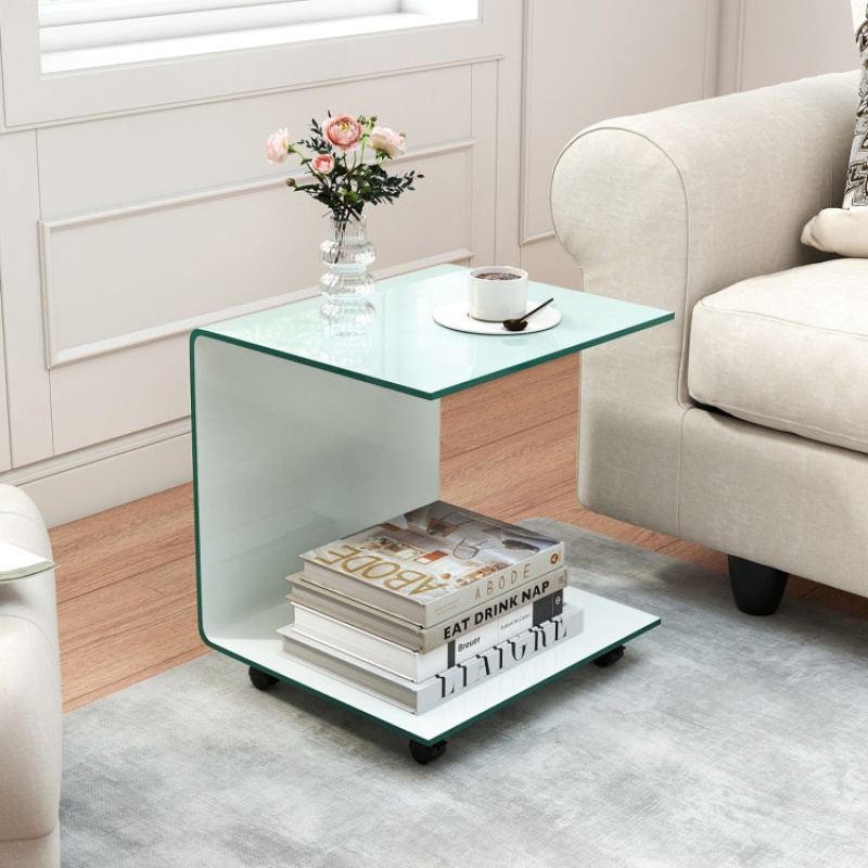 C-Shaped End Table with Shelf - White