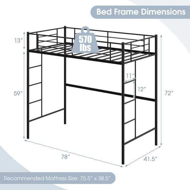 Twin Size SpaceSaving Metal Loft Bed With FullLength Guardrail And 2