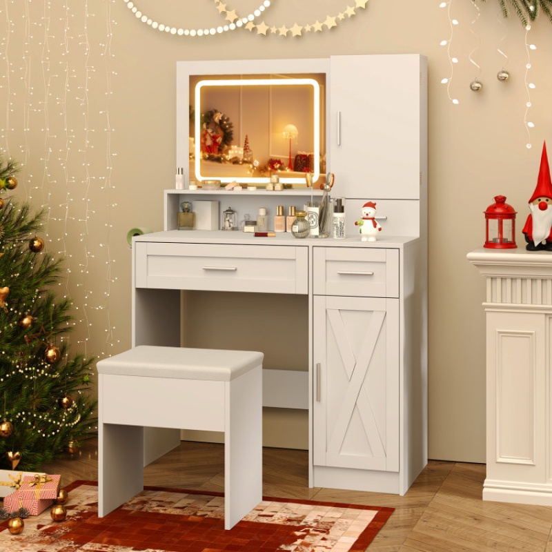 Makeup Vanity Desk With Mirror And Lights Dressing Table And Stool Set-White