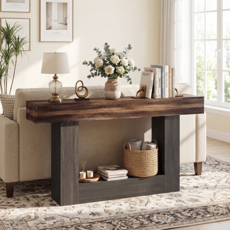 2-Tier Farmhouse Console Table 63" Long With Storage Shelf-Rustic Brown