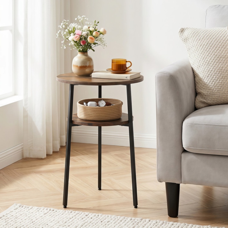 Set Of 2 Round Side Table With Storage Shelf & Metal Frame For Living Room-Rustic Brown