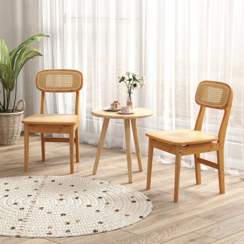 Set Of 2 Rattan Dining Chairs With Simulated Rattan Backrest-Natural