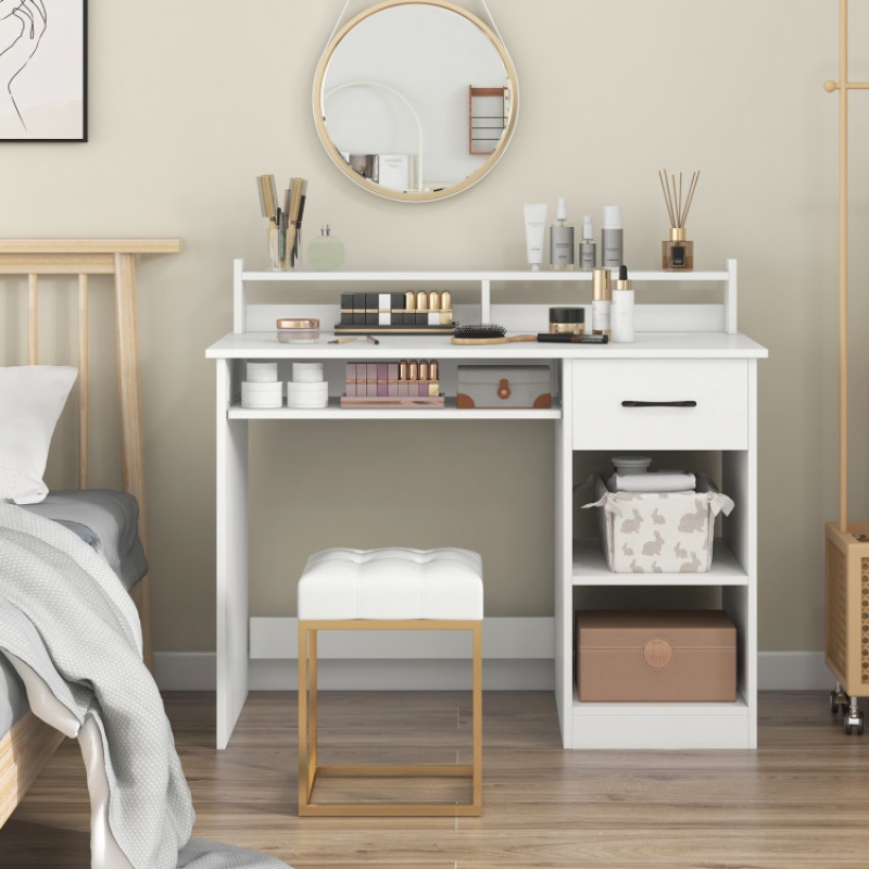 White Desk With Charging Station and Adjustable Shelf