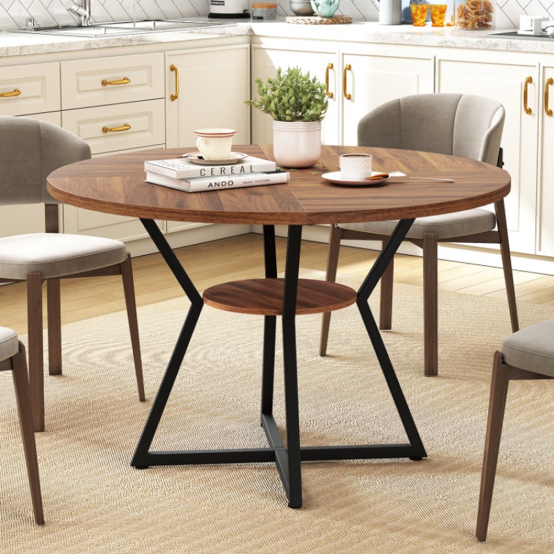 47" Brown Round Dining Table for 4 with Storage Shelf