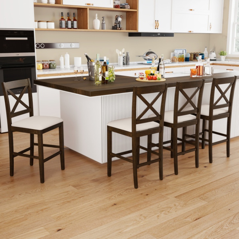 Set Of 2 X-Back Bar Stools With Upholstered Cushioned Seats-Brown