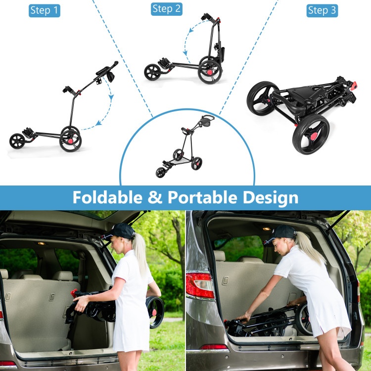 3 Wheel Durable Foldable Steel Golf Cart With Mesh Bag