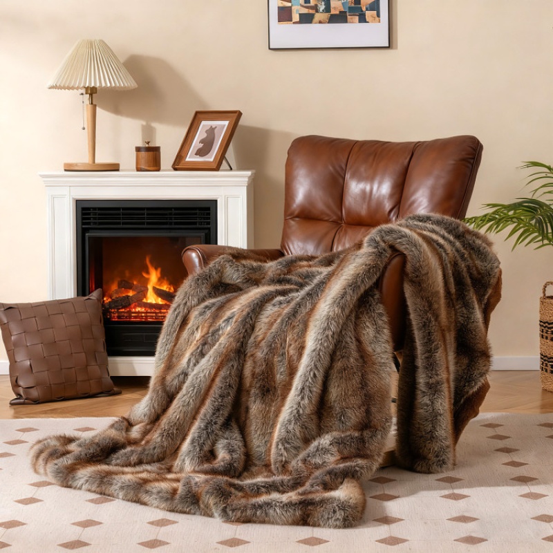 780Gsm Soft Plush Faux Fox Fur Blanket - Brown