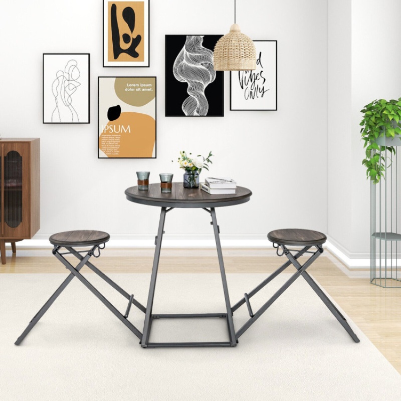 3 Pieces Dining Table Set With 2 Foldable Stools For Small Space-Gray