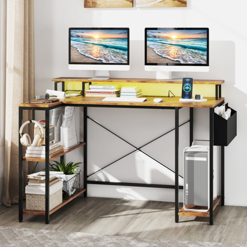 L-Shaped Gaming Desk With Led Lights And Power Outlets-Rustic Brown