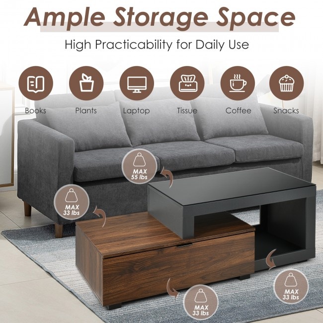 Modern Chic Glass Top Cocktail Coffee Table With Storage