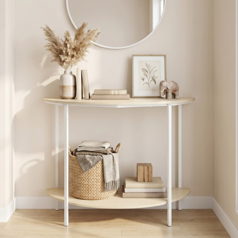 Half Moon Console Table 40 Inch 2-Tier Entryway Table With Storage Shelf-Oak