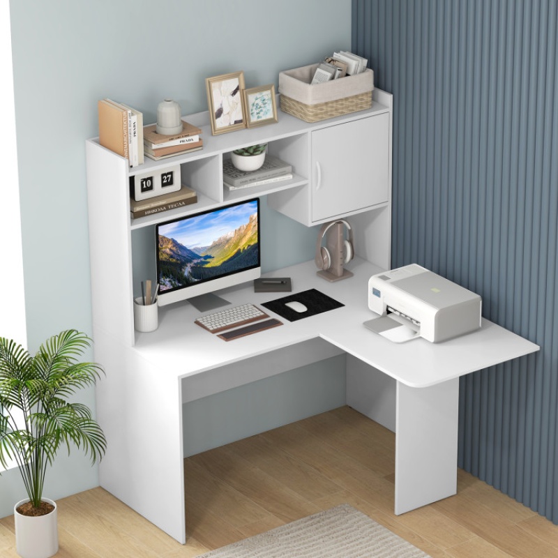 L-Shaped Desk Corner Computer Desk With Open Storage Hutch And Cabinet-White