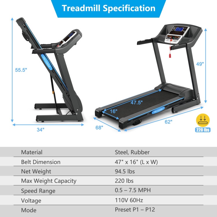 2.25 Hp Folding Electric Motorized Power Treadmill Machine With Lcd Display