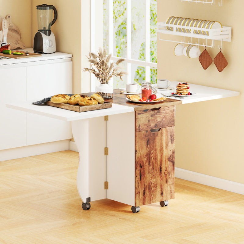 Folding Dining Table 3-In-1 Space-Saving Drop Leaf Kitchen Table With Lockable Wheels-Brown