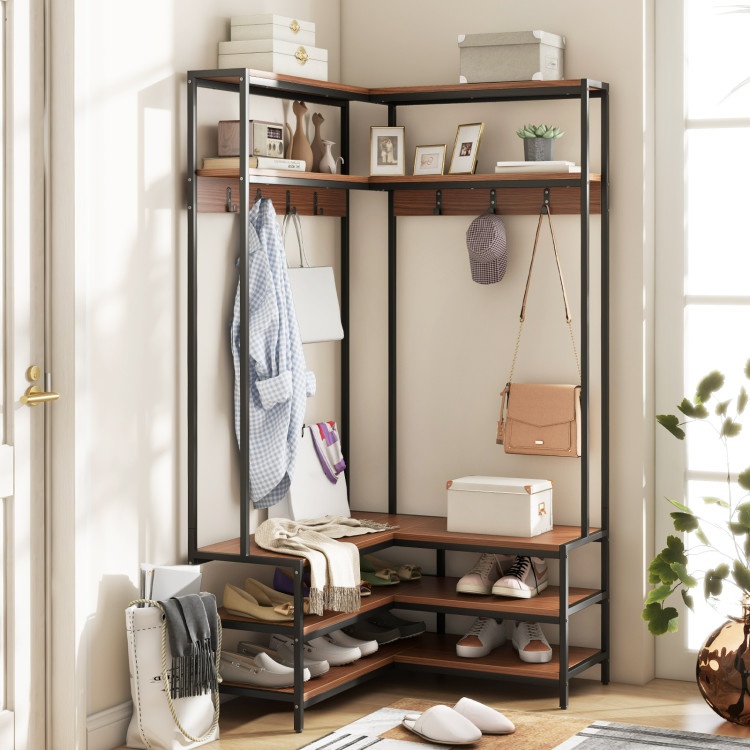 Corner Garment Rack With Open Shelves And 7 Hooks Shoe Bench-Walnut