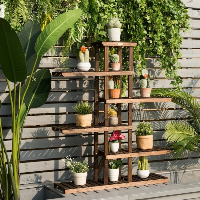 6 Tier Wood Plant Stand With Vertical Shelf Flower Display Rack Holder