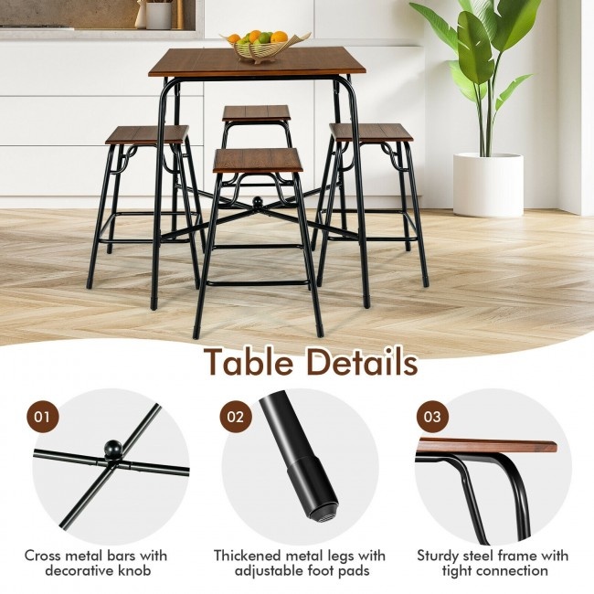 5 Pieces Bar Table Set With 4 Counter Height Backless Stools