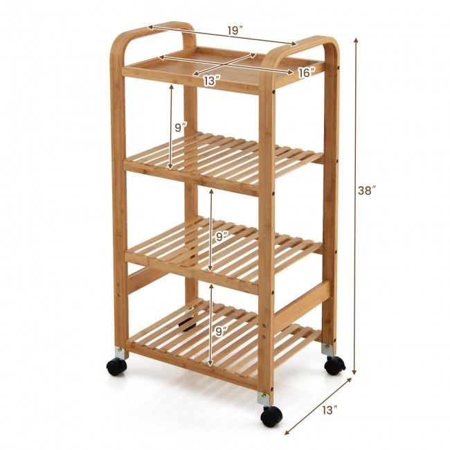 4-Tier Bamboo Mobile Kitchen Serving Trolley Cart With Storage Shelf And Lockable Casters
