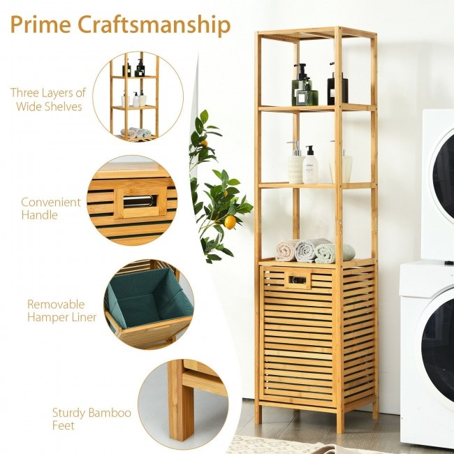 Bamboo Tower Hamper Organizer With 3-Tier Storage Shelves