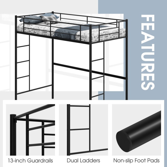 Twin Size SpaceSaving Metal Loft Bed With FullLength Guardrail And 2