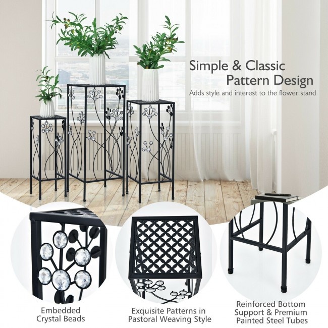 3 Pieces Metal Plant Stand Set With Crystal Floral Accents Square