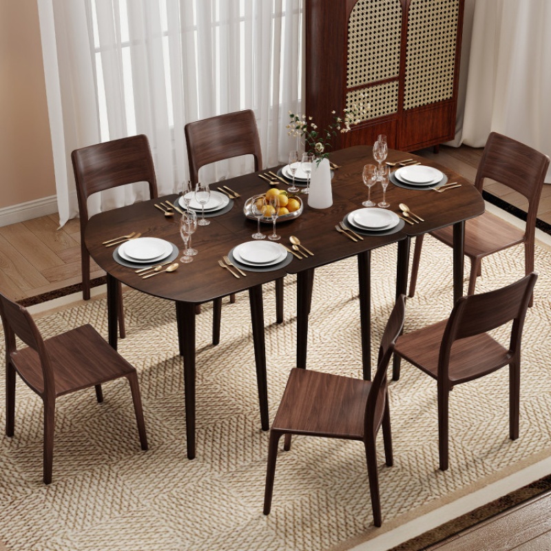 Extendable Dining Table Set With 2 Half-Round And 1 Rectangular Tables-Walnut