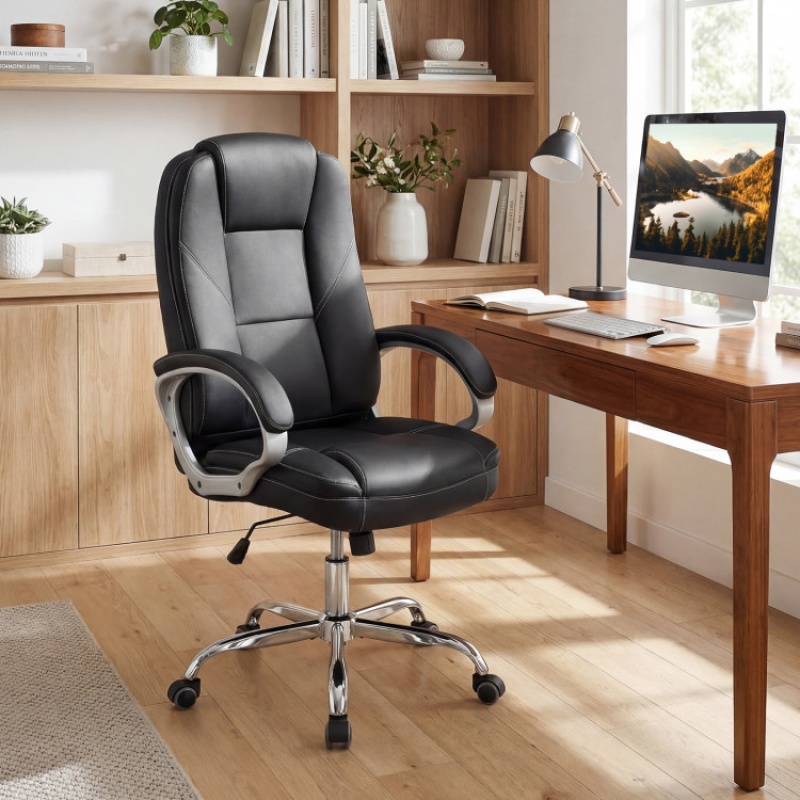 Ergonomic Leather Office Chair With Padded Armrests And Rocking Backrest-Black