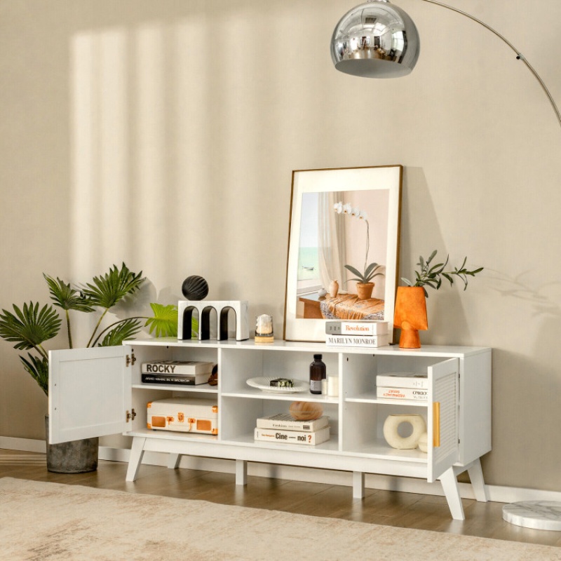 TV Stand with 2 Rattan Cabinets and Open Shelves