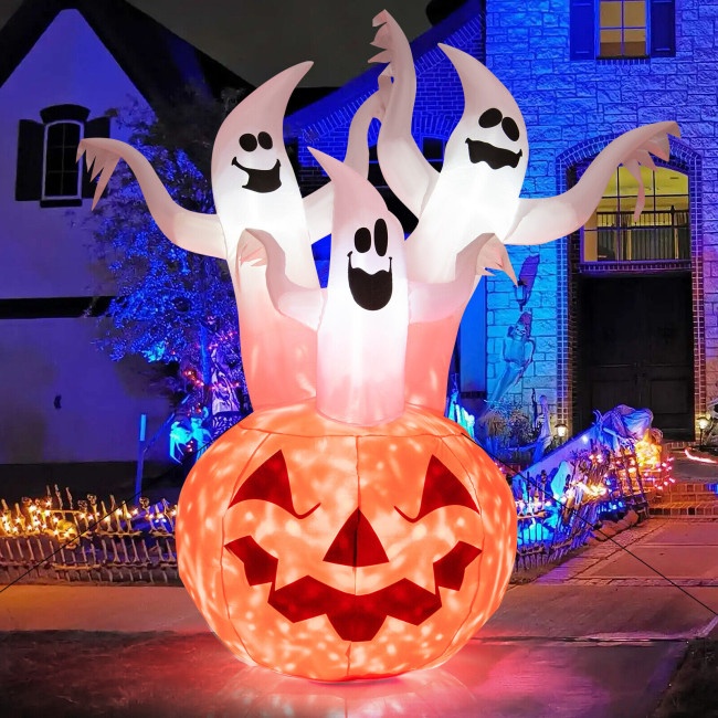 6 Feet Inflatable Halloween Three White Ghosts With Pumpkin Decor And ...