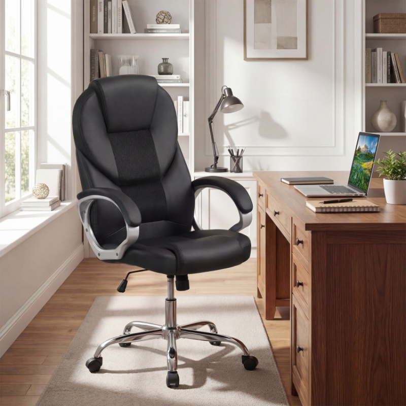 Leather Office Chair with Mesh Back and Padded Armrests