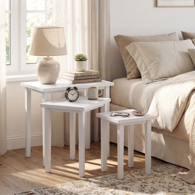 3-Piece Farmhouse Rectangle Side Table Set For Living Room-White