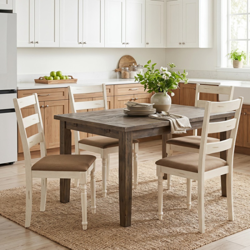 Rubber Wood Dining Chairs Set Of 4 With Padded Linen Seat & Slatted Backrest-White
