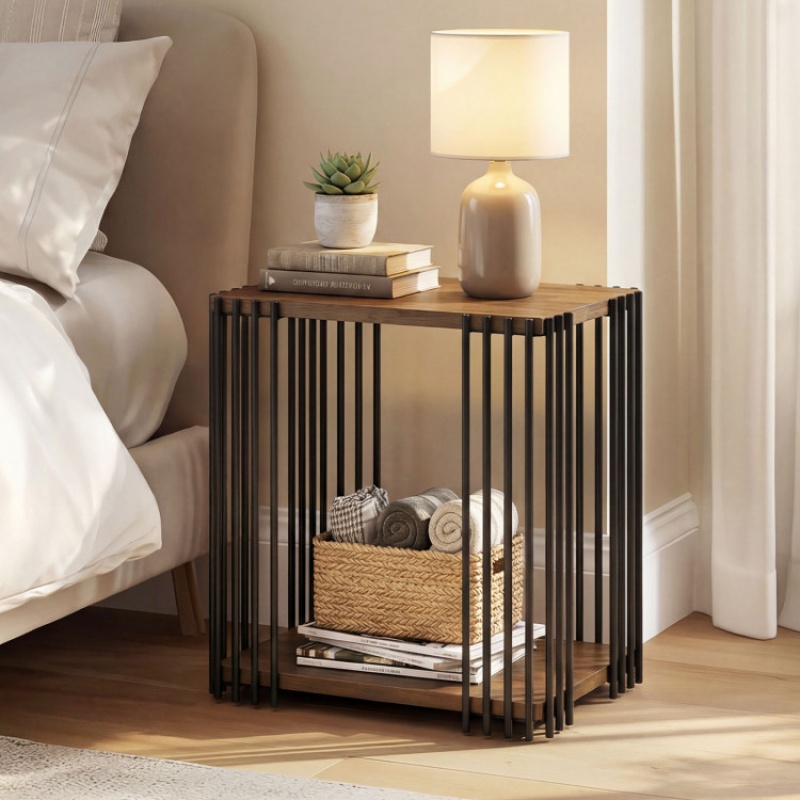 Rubber Wood Side Table with 2-Layer Storage Shelves