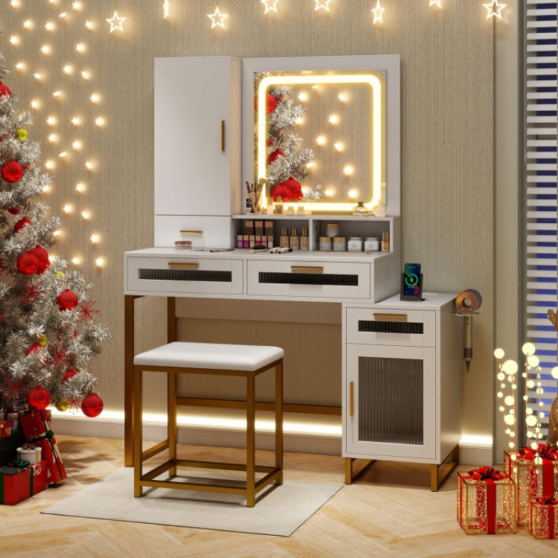 Makeup Vanity Desk Dressing Table And Stool Set With Lighted Mirror-White