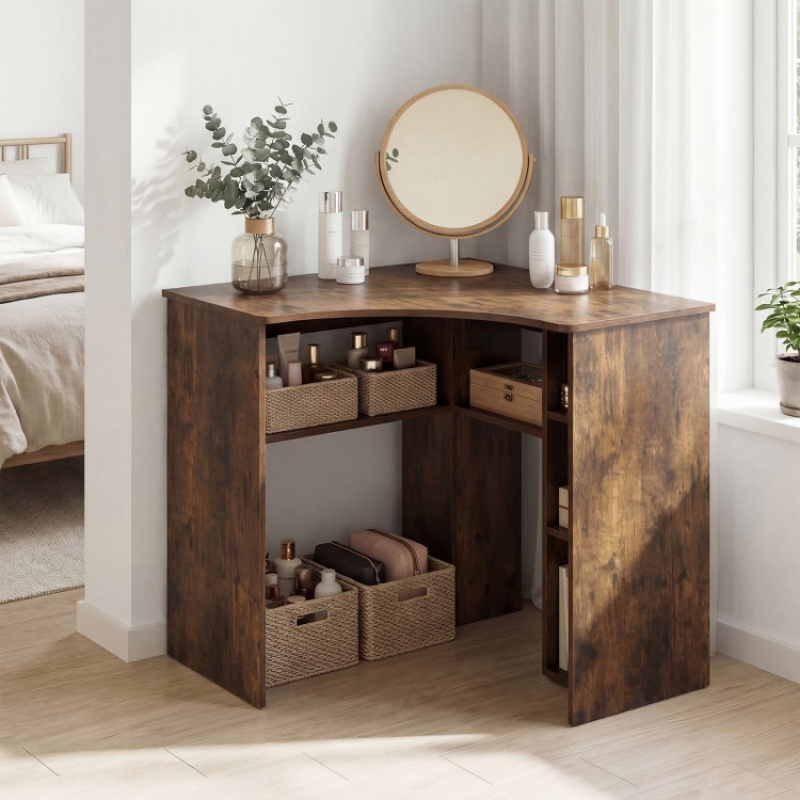 Corner Computer Desk Triangle Home Office Desk With Adjustable Shelf And Arc-Shaped Profile-Rustic Brown