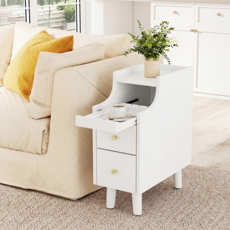 Solid Wood Night Side Table Narrow Bedside Table Nightstand With Pull-Out Tray And 2 Storage Drawers-White