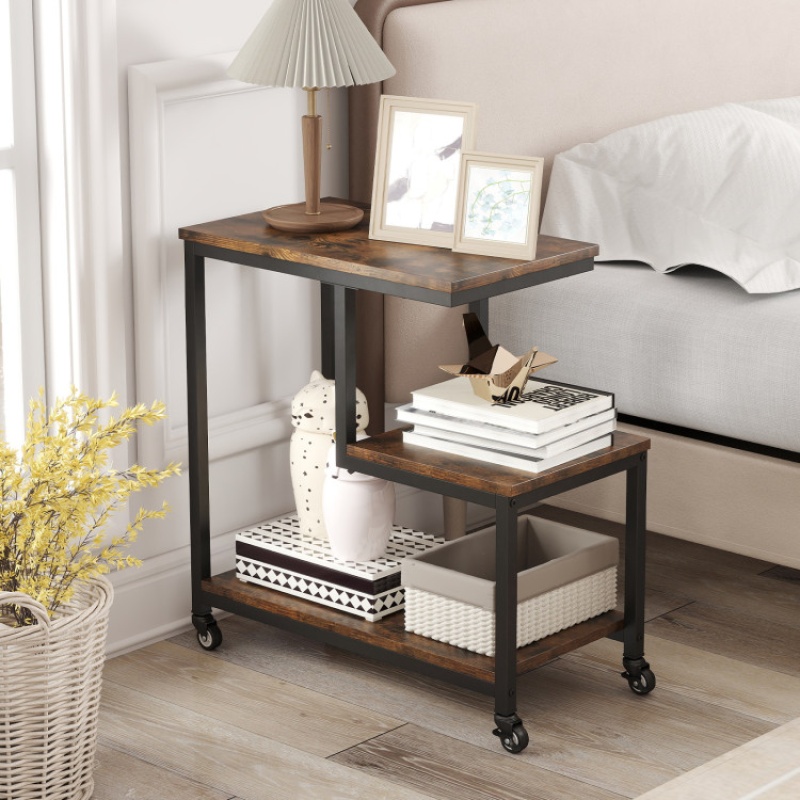 G-Shaped Side Table 3-Tier Mobile End Table With Open Shelves-Rustic Brown