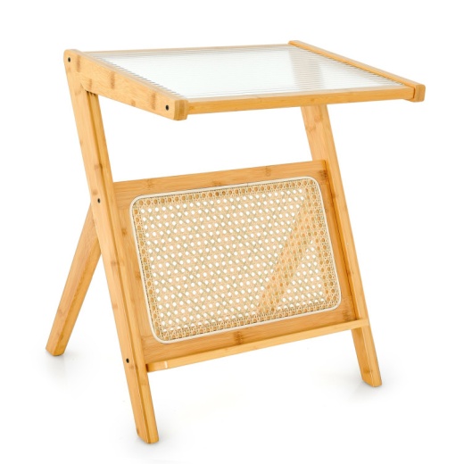 Boho End Table With Magazine Rack And Tempered Glass Top-Natural
