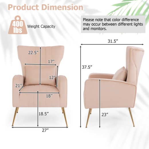 Velvet Upholstered Wingback Chair With Lumbar Pillow And Golden Metal Legs-Pink