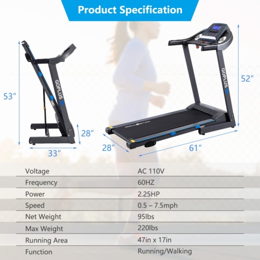 2.25 Hp Folding Electric Motorized Power Treadmill with Blue Backlit LCD Display