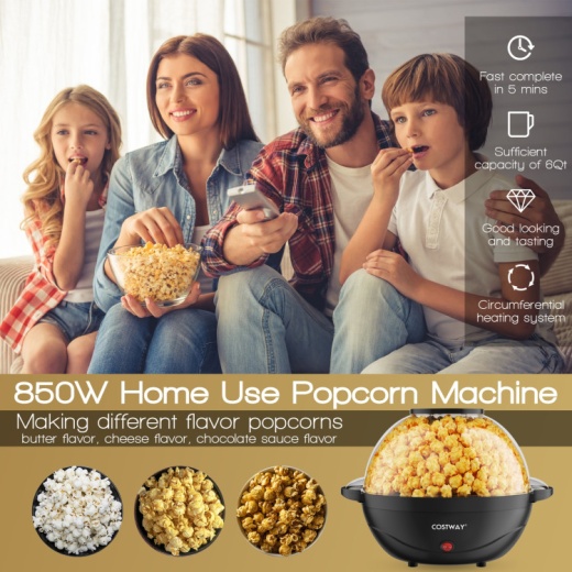 6Qt Stirring Popcorn Popper Maker With Nonstick Plate-Black
