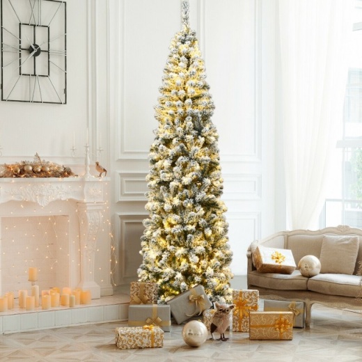 7.5 Feet Pre-Lit Snow Flocked Artificial Pencil Christmas Tree with LED Lights