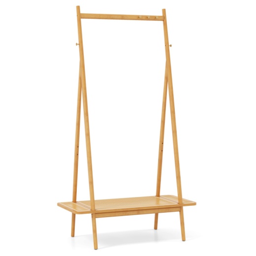 Bamboo Clothes Rack With Hanging Rod Rattan Shelf And Copper Hooks