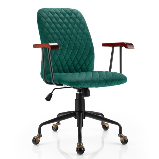 Velvet Home Office Chair With Wooden Armrest Green