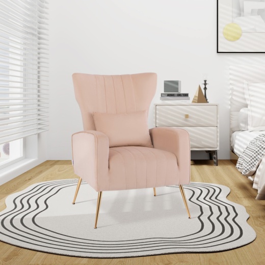 Velvet Upholstered Wingback Chair With Lumbar Pillow And Golden Metal Legs-Pink