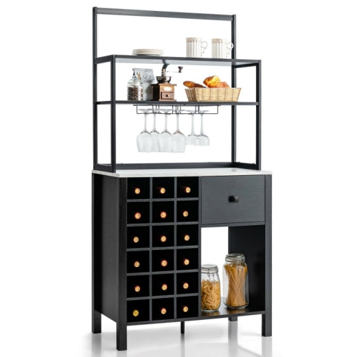 Kitchen Bakers Rack Freestanding Wine Rack Table With Glass Holder And Drawer-Black