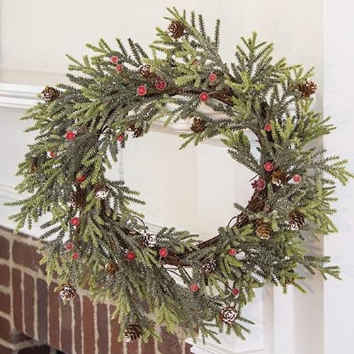 Mountain Pine Wreath W/ Red Berries, 18"