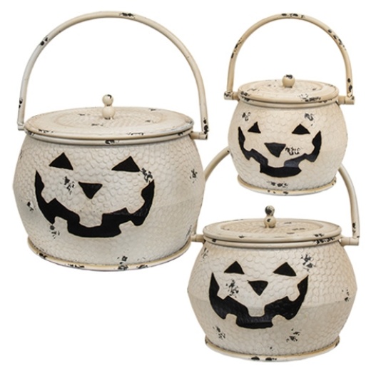 3/Set - Shabby Chic White Metal Jack O Lantern Cauldrons W/Lids