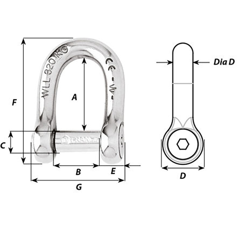 Wichard Self-Locking Allen Head Pin D Shackle - 6Mm Diameter - 1/4"